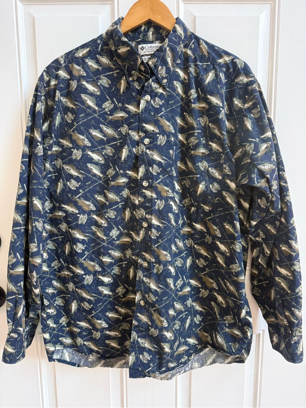 VTG Columbia Men’s Fish Reel Print Navy Button-Down Shirt Gorpcore Dadcore